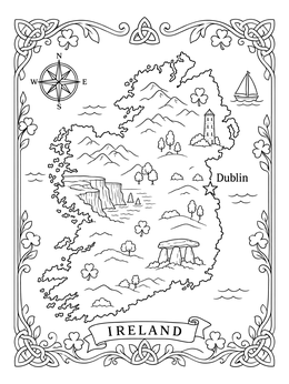 An illustrated map of Ireland coloring page featuring landmarks, a Celtic knot border, and Dublin marked with a star.