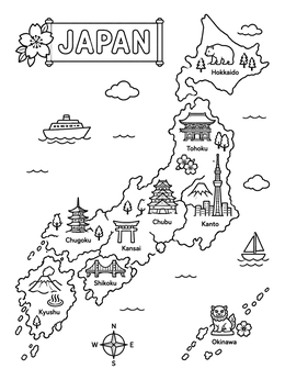 An illustrated map of Japan coloring page featuring regional landmarks, castles, and a compass rose.