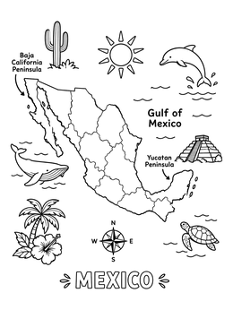 An educational mexico coloring page displaying a map surrounded by sea life, a pyramid, and desert elements.