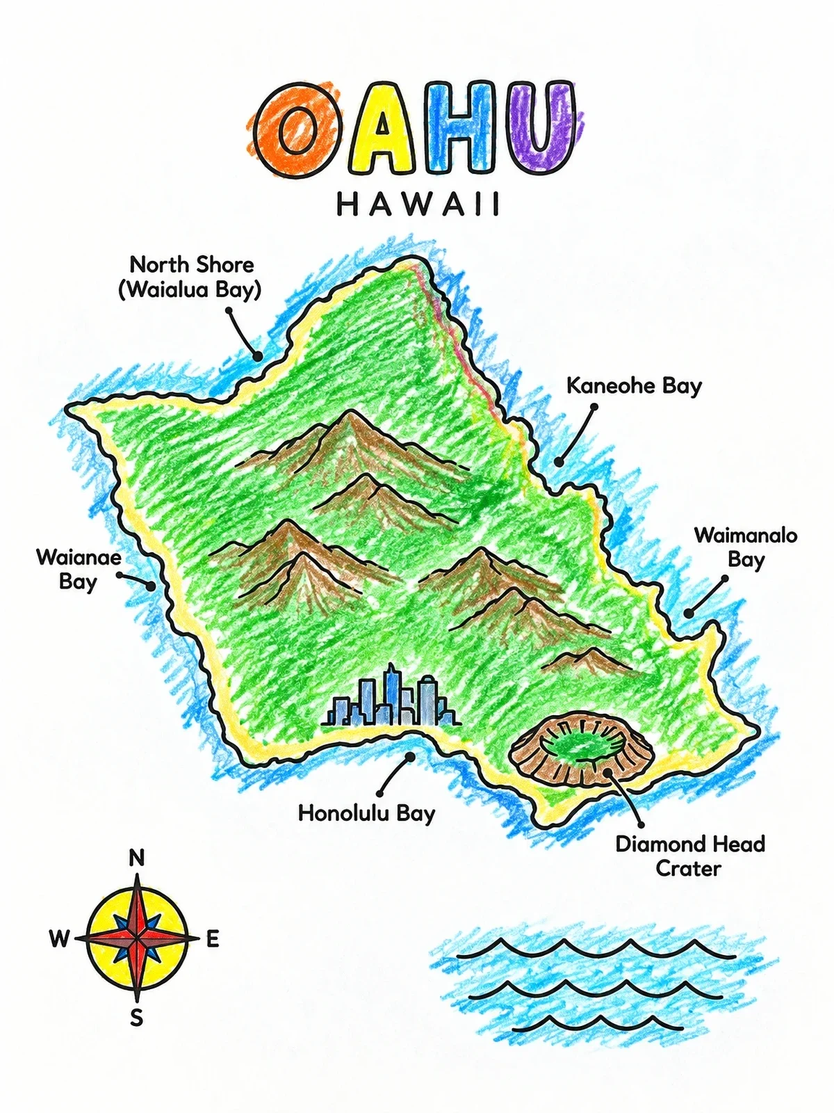 Colored example of the Illustrated Map Of Oahu Hawaii coloring page