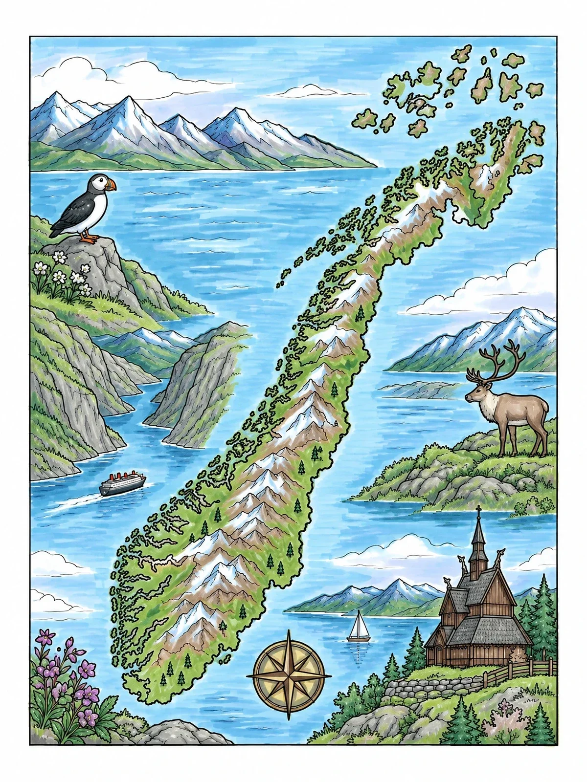 Colored example of the Illustrated Map Of Norway With Wildlife coloring page