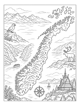 An illustrated norway coloring page showing a map outline, wildlife, and a stave church.