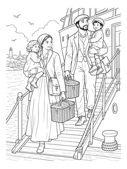 An Ellis Island coloring page showing a family walking down a ship gangplank carrying baskets and children.