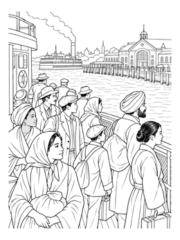 Immigrants standing on a boat deck in this ellis island coloring page.