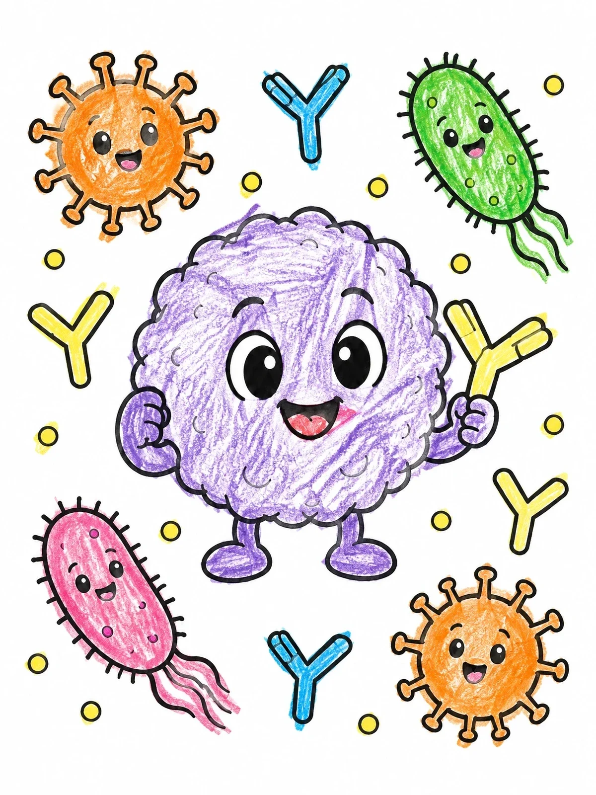 Colored example of the Cute White Blood Cell And Microbes coloring page