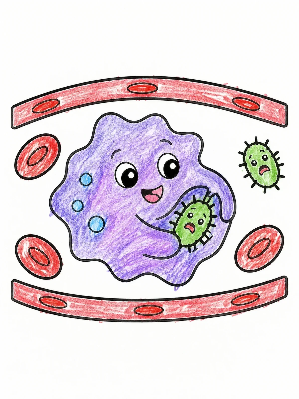 Colored example of the Friendly Macrophage Catching Bacteria coloring page