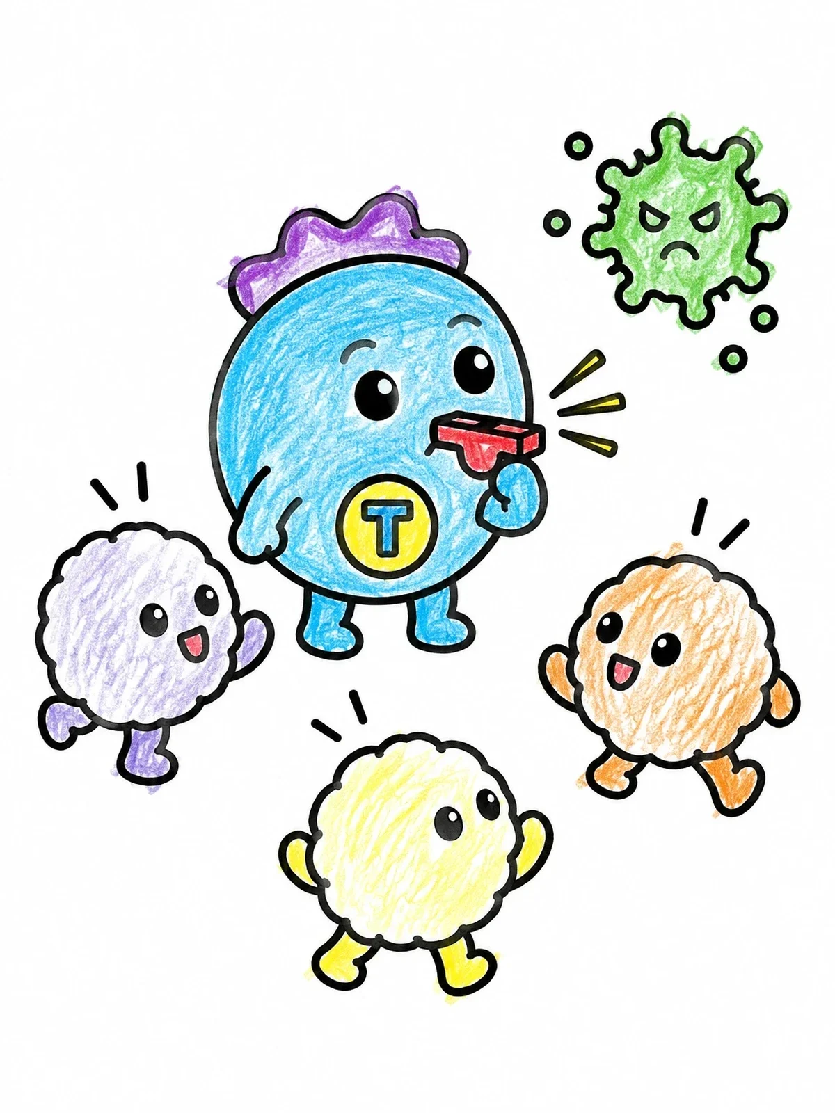 Colored example of the Helper T Cell Whistle Alarm coloring page