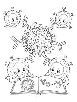 An immune system coloring page with cartoon cells studying a virus surrounded by antibodies.