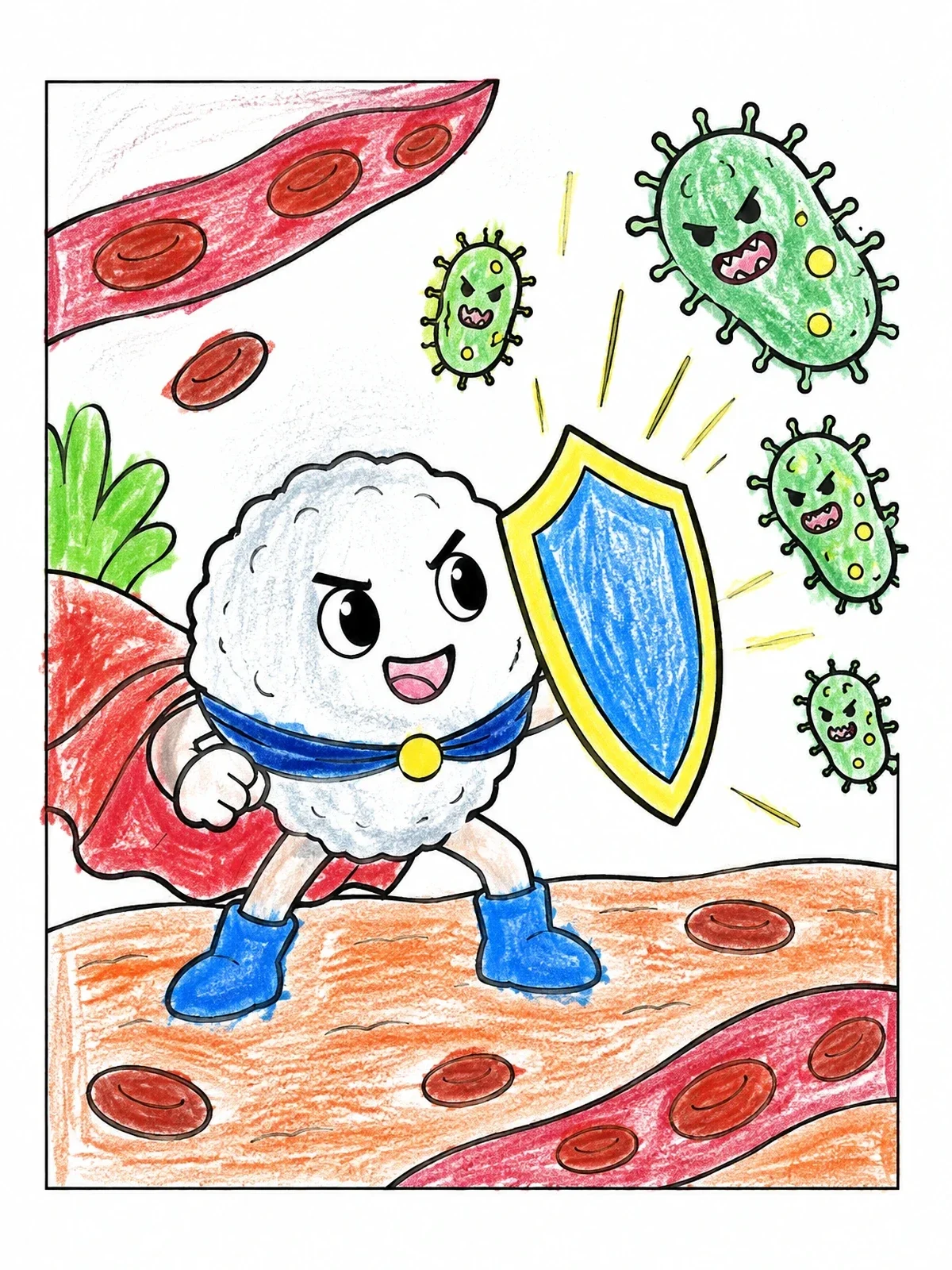 Colored example of the Superhero White Blood Cell Defending coloring page