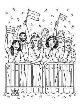 Happy supporters celebrate behind barriers in this inauguration day coloring page.