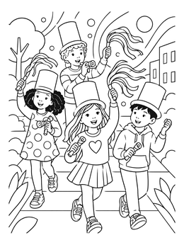 Kids holding streamers and noisemakers in an inauguration day coloring page parade.