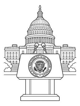 An inauguration day coloring page showing a podium with the presidential seal in front of the Capitol dome.