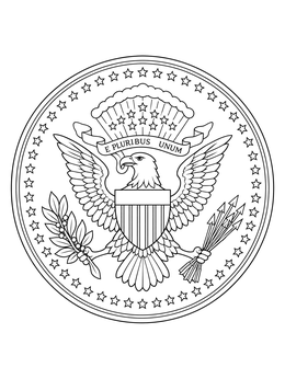 An inauguration day coloring page featuring the detailed presidential seal emblem with an eagle.