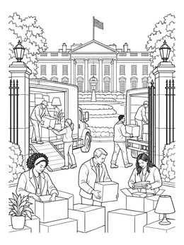 Staff unpack moving boxes outside the White House in this inauguration day coloring page.