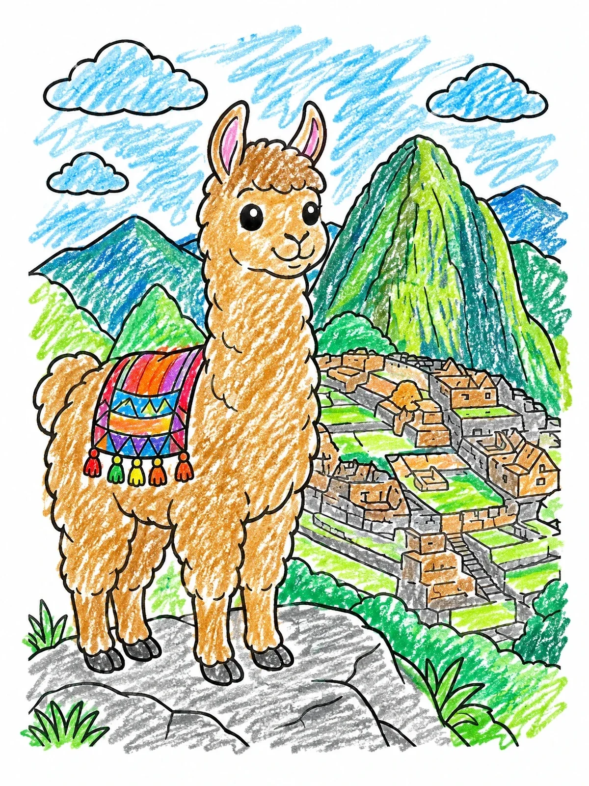 Colored example of the Cute Llama At Machu Picchu coloring page