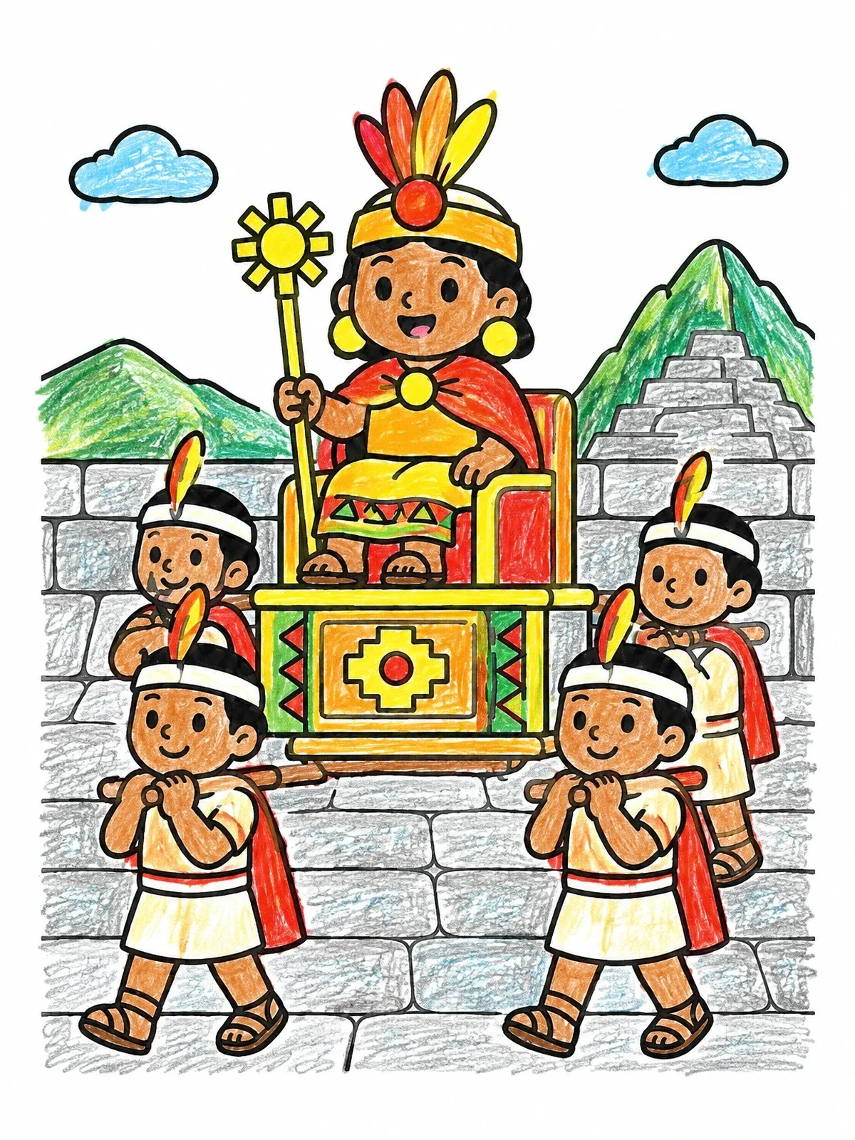 Colored example of the Inca Emperor On Royal Litter coloring page