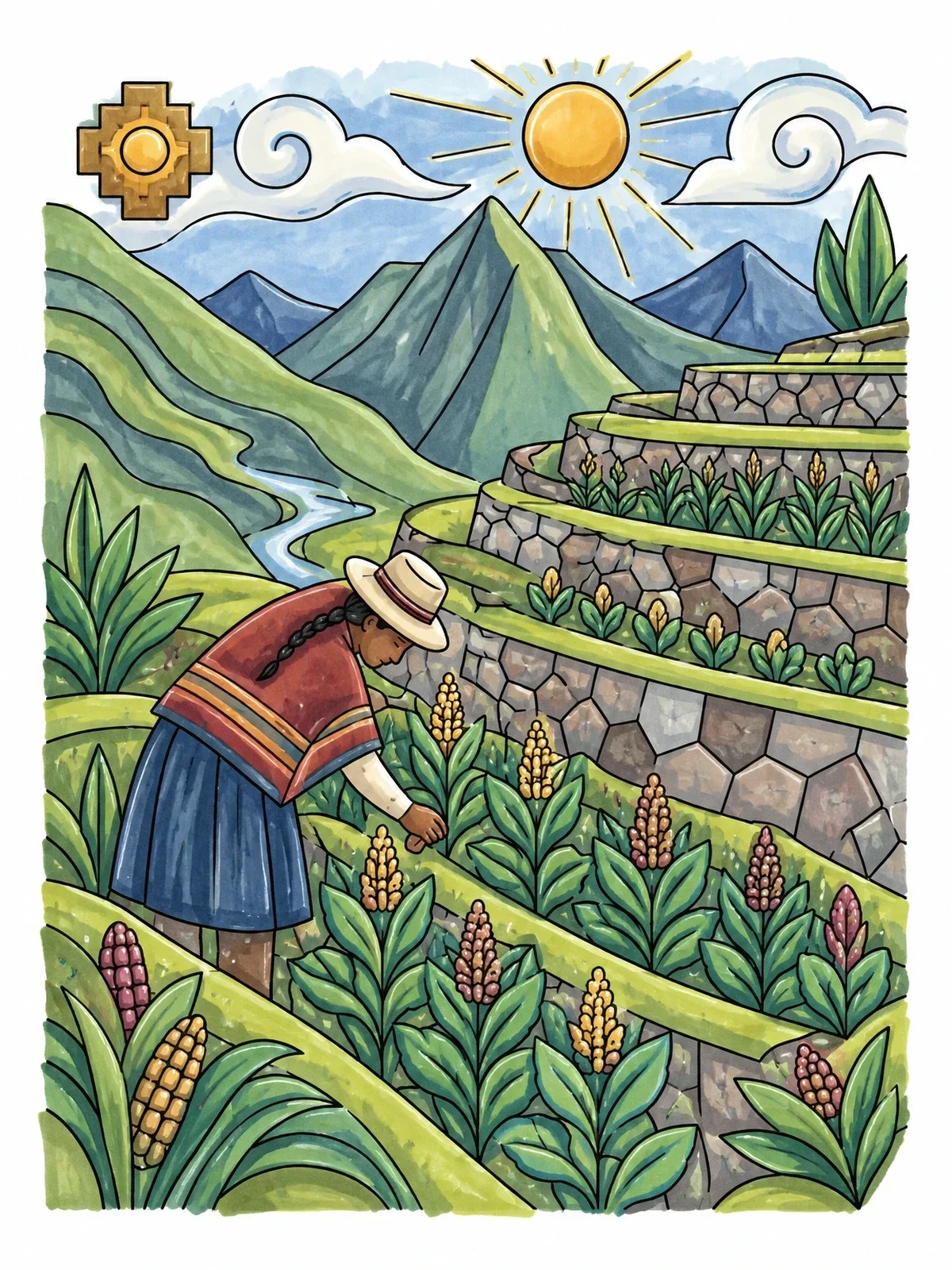 Colored example of the Inca Farmer On Stepped Terraces coloring page