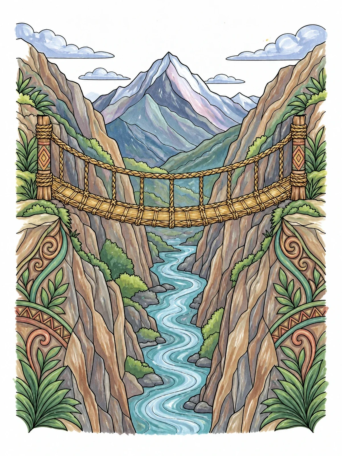 Colored example of the Inca Grass Suspension Bridge Over Canyon coloring page