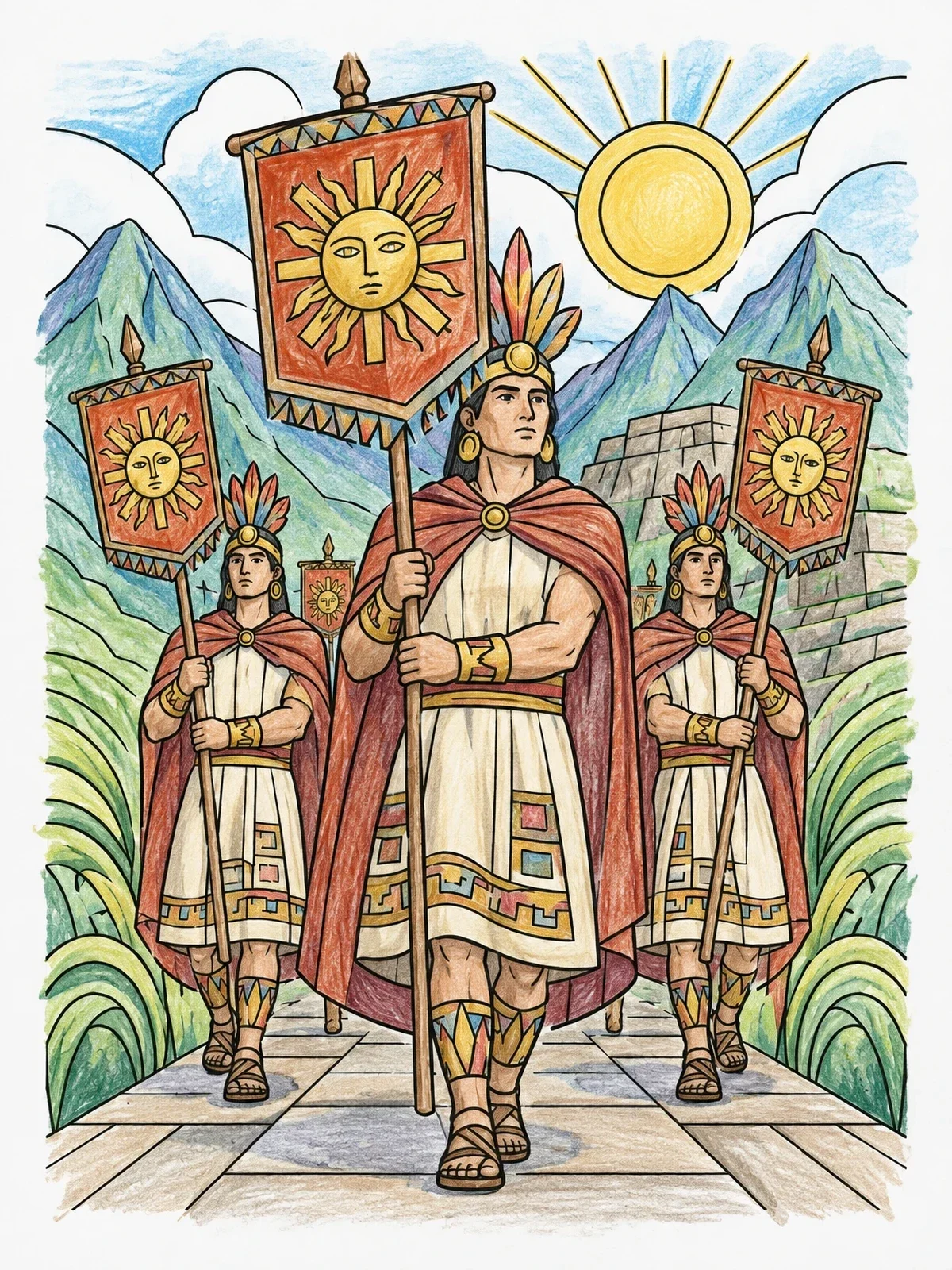 Colored example of the Inca Guards With Solar Banners coloring page
