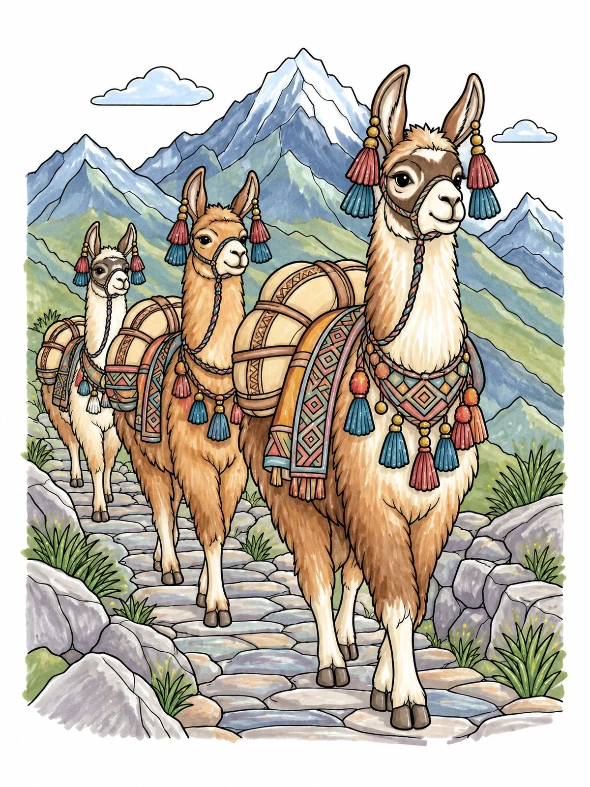 Colored example of the Inca Pack Llamas In The Andes coloring page
