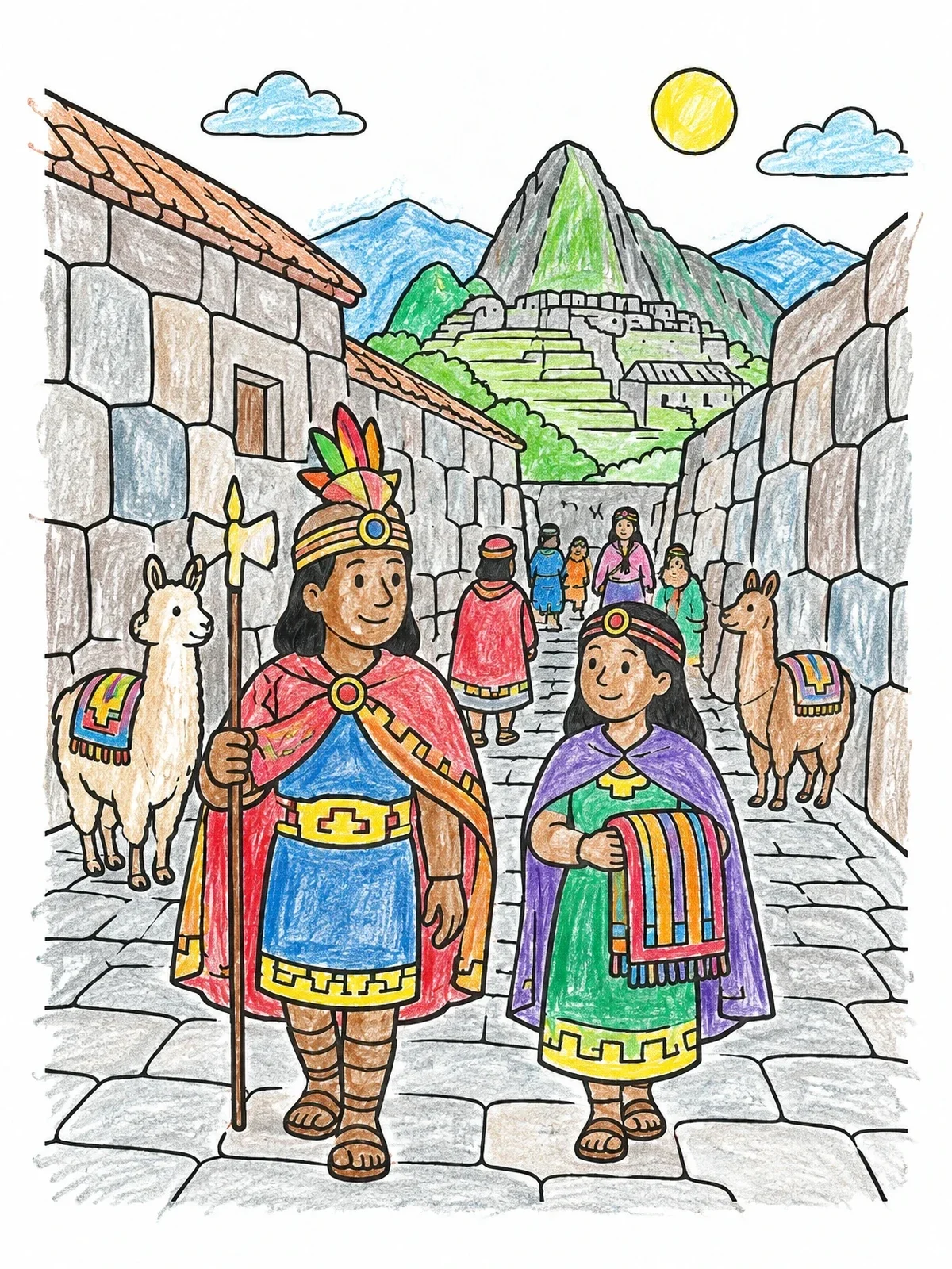 Colored example of the Inca People Walking In Ancient Street coloring page