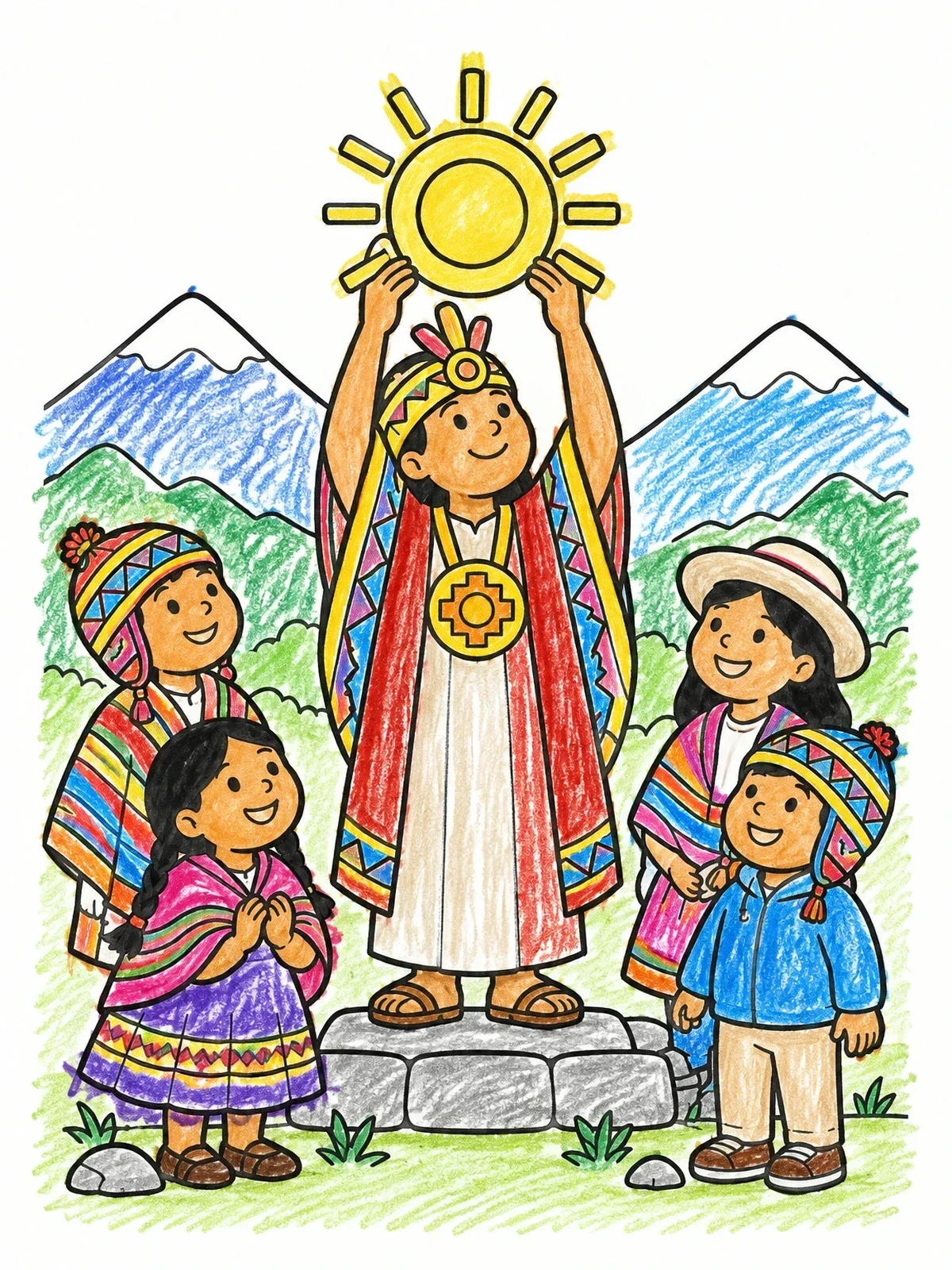 Colored example of the Inca Priest Holding Sun Disk coloring page