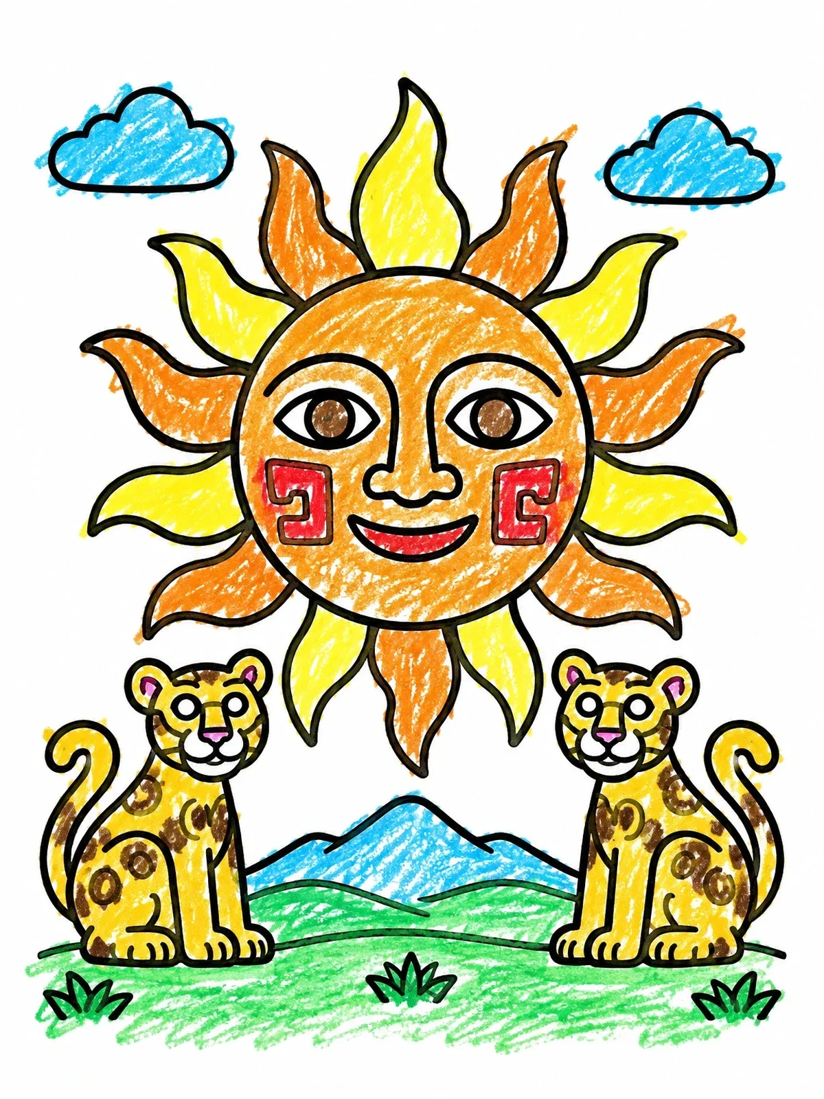 Colored example of the Inca Sun God And Jaguars coloring page