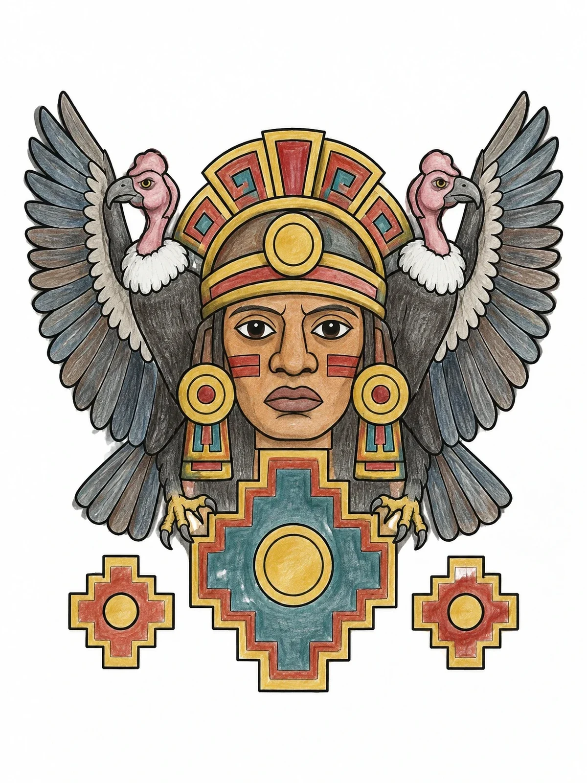 Colored example of the Inca Sun God With Andean Condors coloring page