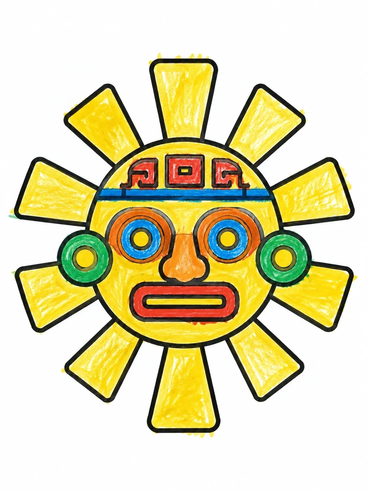 Colored example of the Inca Sun God Inti Mask coloring page