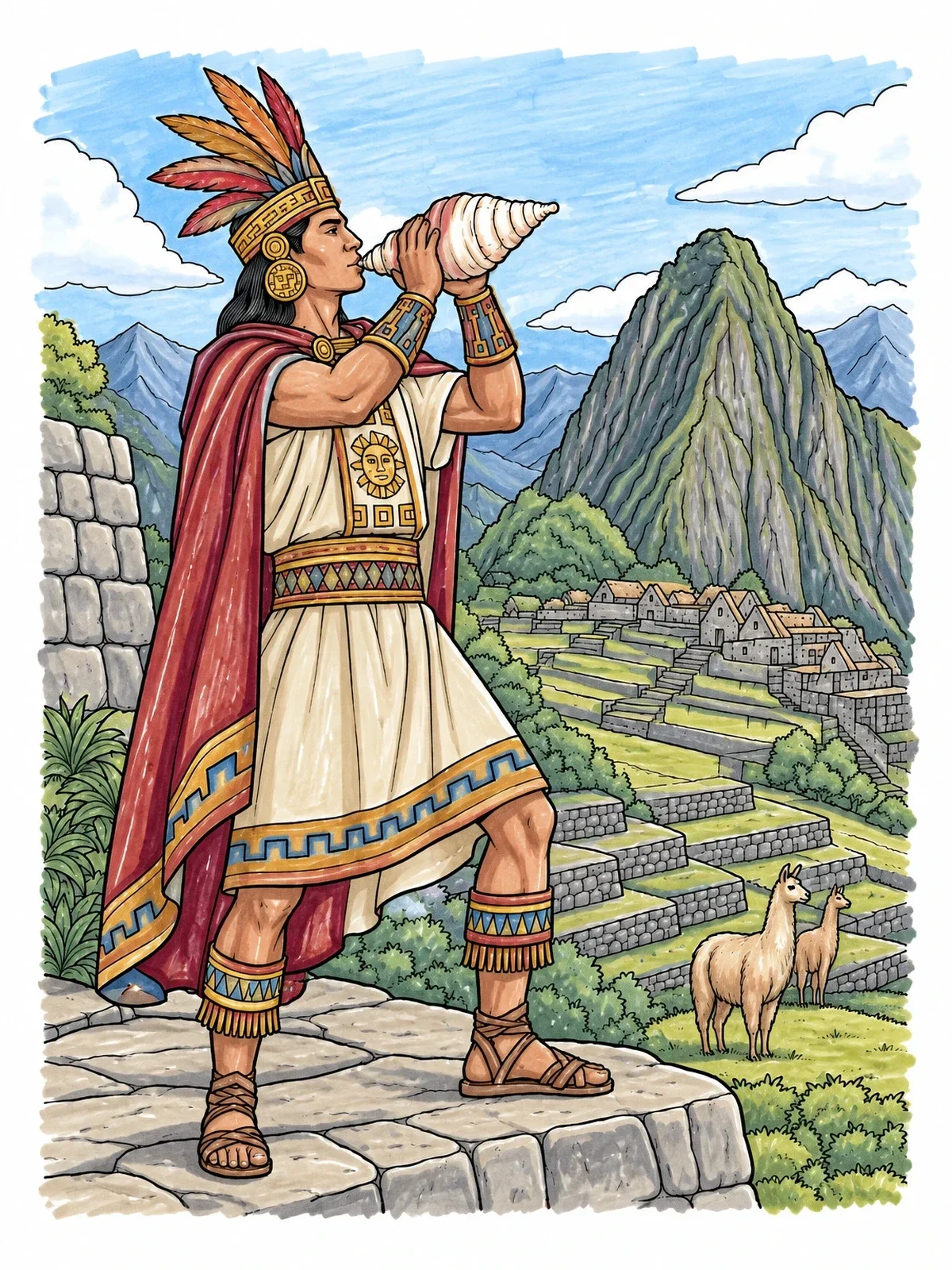 Colored example of the Inca Warrior Blowing A Conch Shell coloring page
