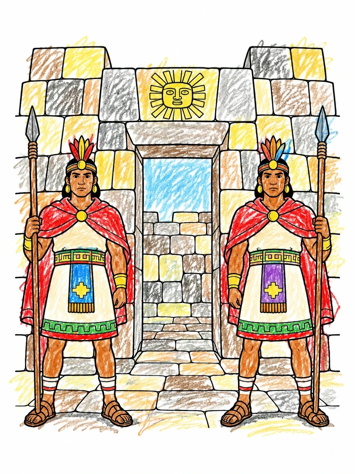 Colored example of the Inca Warriors Guarding Fortress Gate coloring page