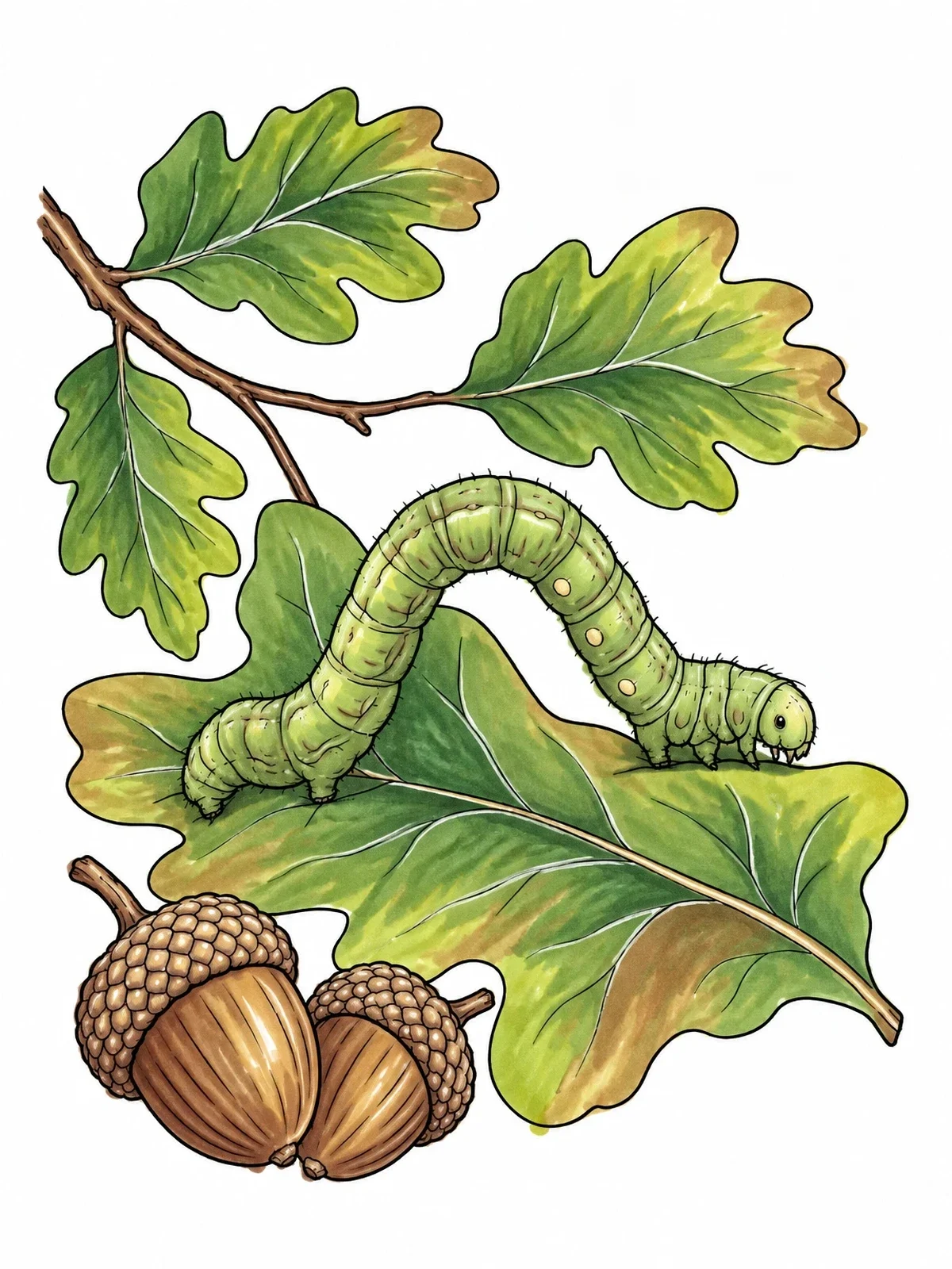 Colored example of the Inchworm On Oak Leaf With Acorns coloring page