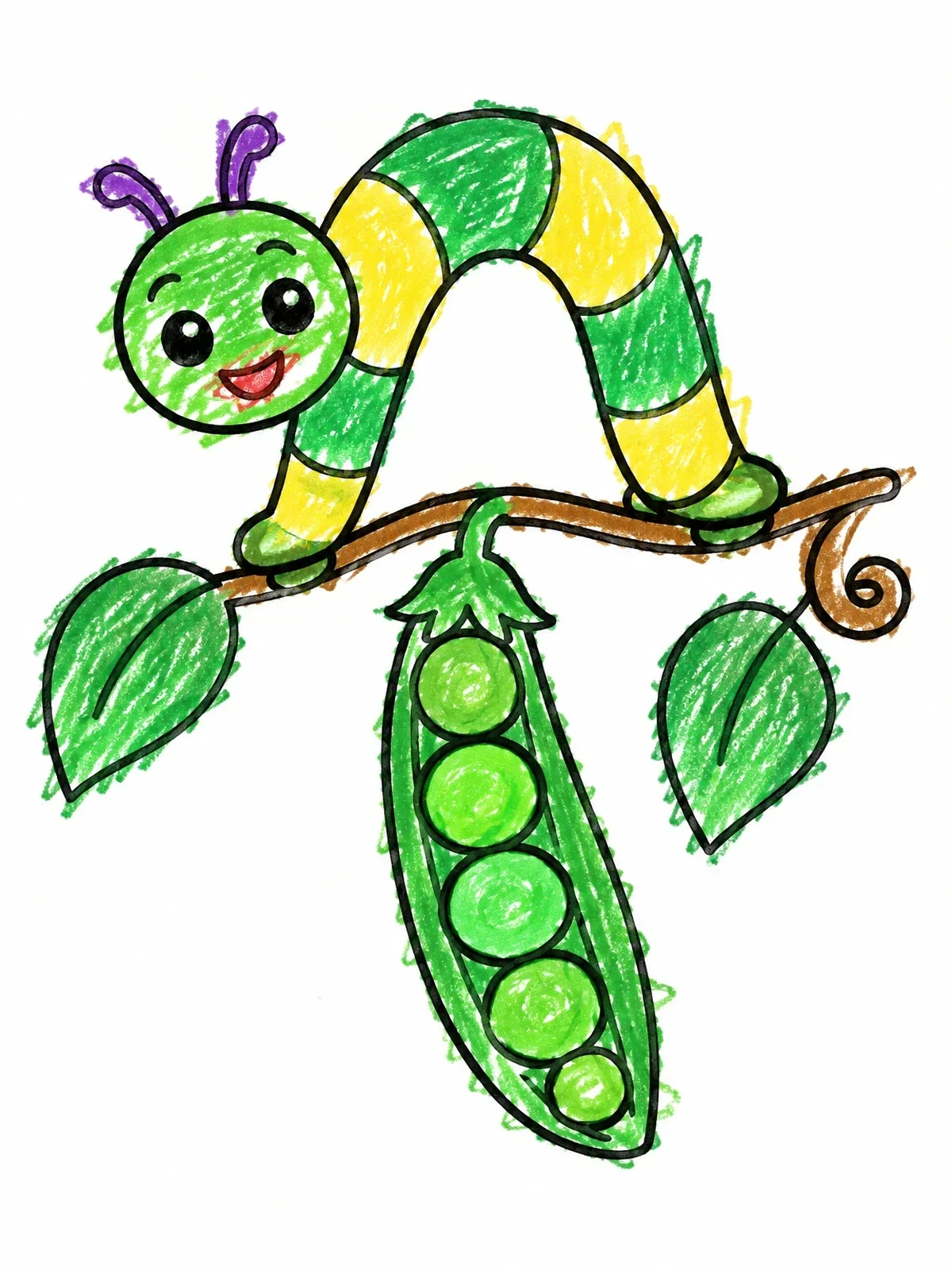 Colored example of the Happy Inchworm On A Pea Pod coloring page