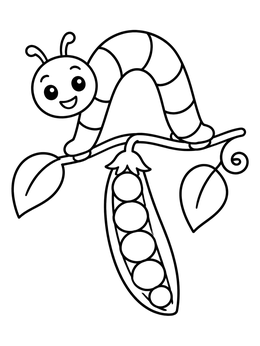 A cheerful inchworm coloring page crawling over a fresh pea pod on a vine.