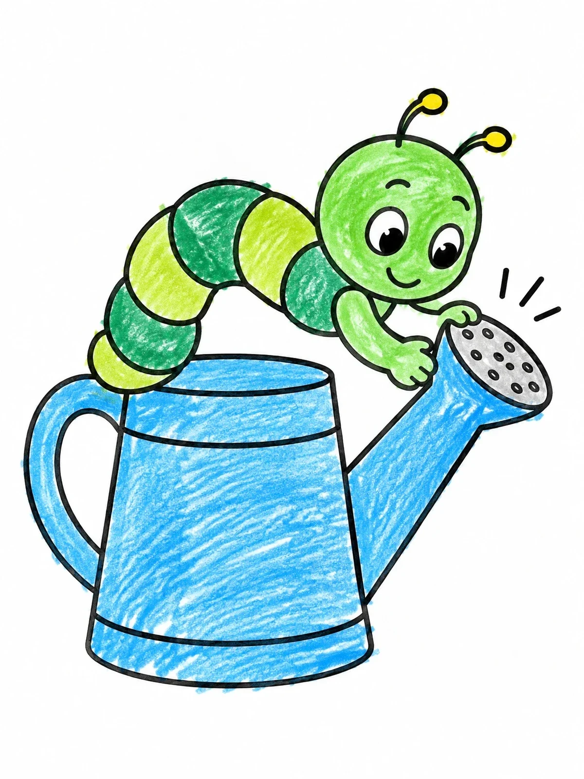 Colored example of the Cute Inchworm On A Watering Can coloring page