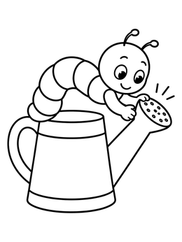 A happy inchworm coloring page featuring a worm crawling over a garden watering can.
