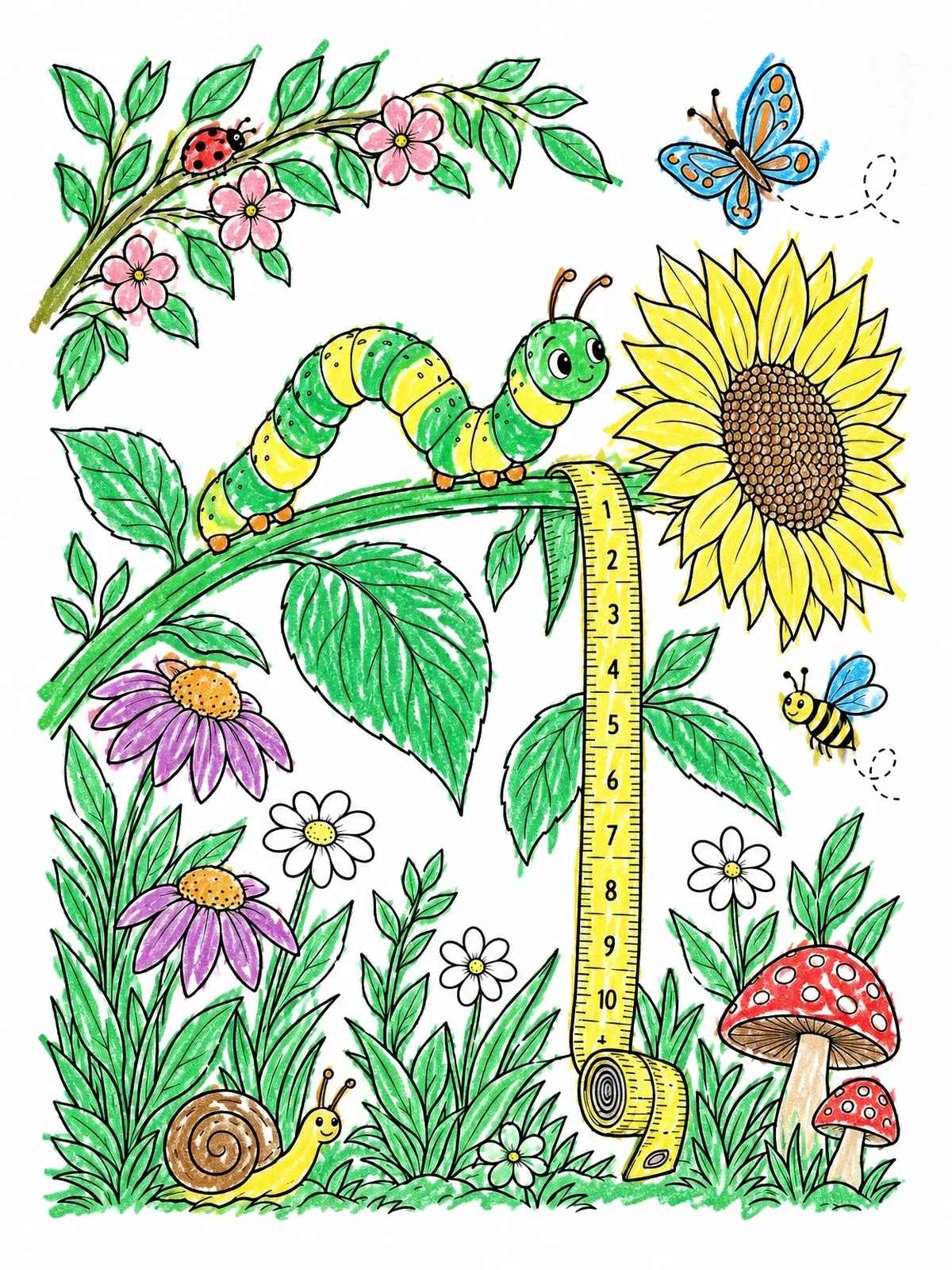 Colored example of the Cheerful Inchworm On A Sunflower Stem coloring page