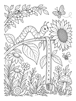 A friendly caterpillar crawls on a sunflower stem in this cheerful inchworm coloring page.