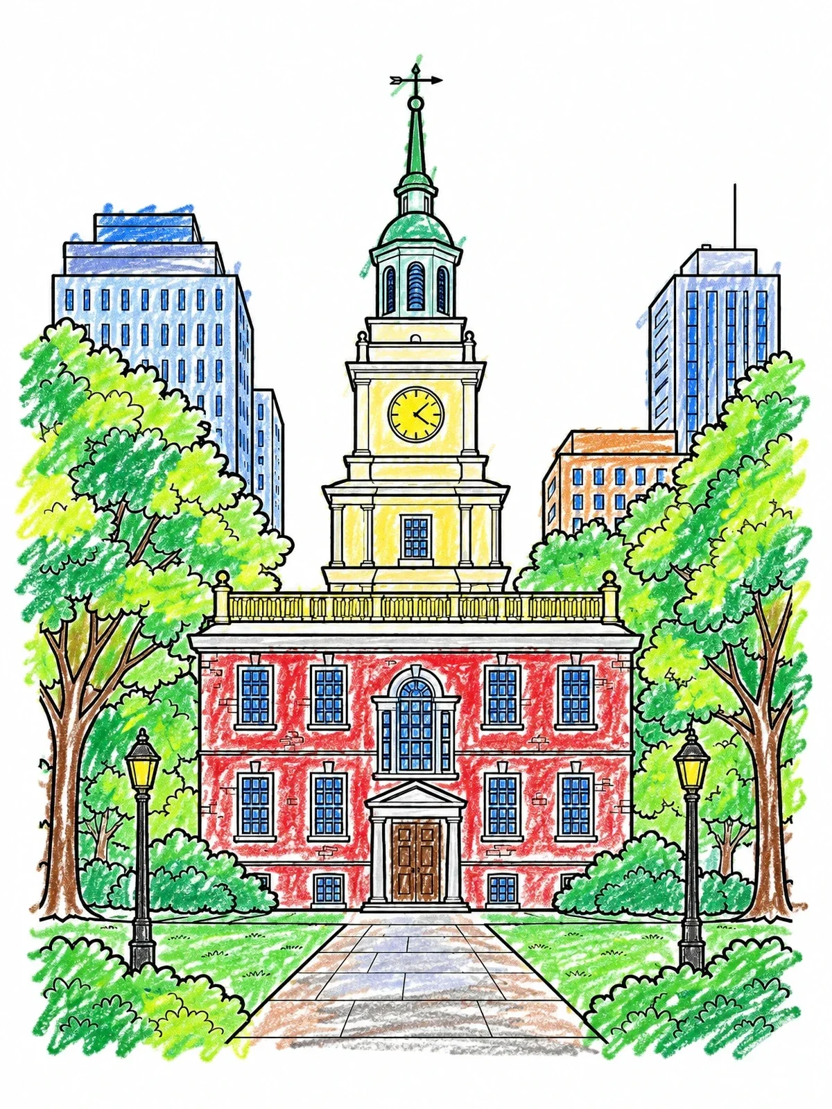 Colored example of the Independence Hall In Philadelphia coloring page