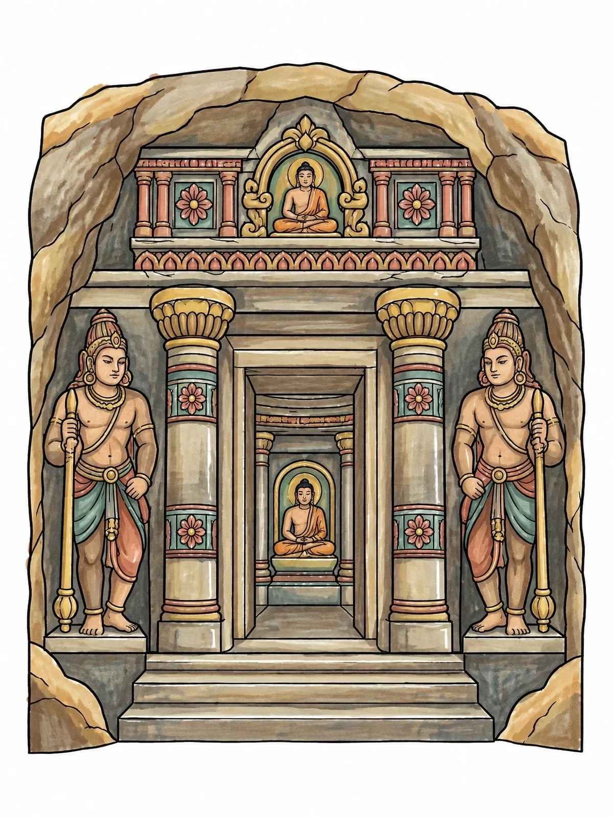 Colored example of the Ancient Rock Cut Cave Temple coloring page