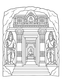 An ornate rock cut cave temple entrance in this india coloring page featuring stone pillars and guardian statues.