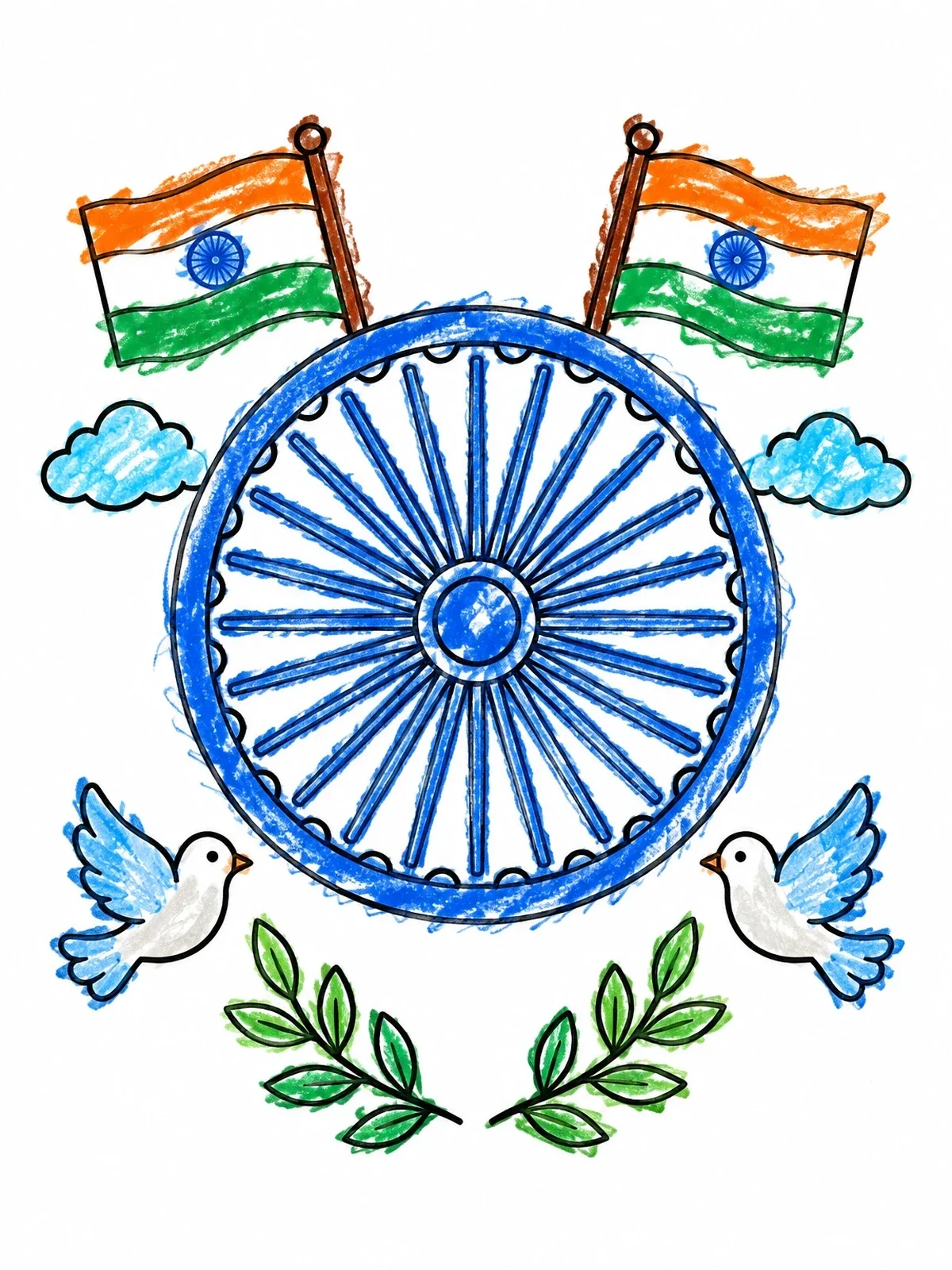 Colored example of the Ashoka Chakra With Indian Flags And Doves coloring page