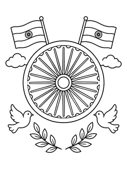 Free printable Ashoka Chakra With Indian Flags And Doves coloring page