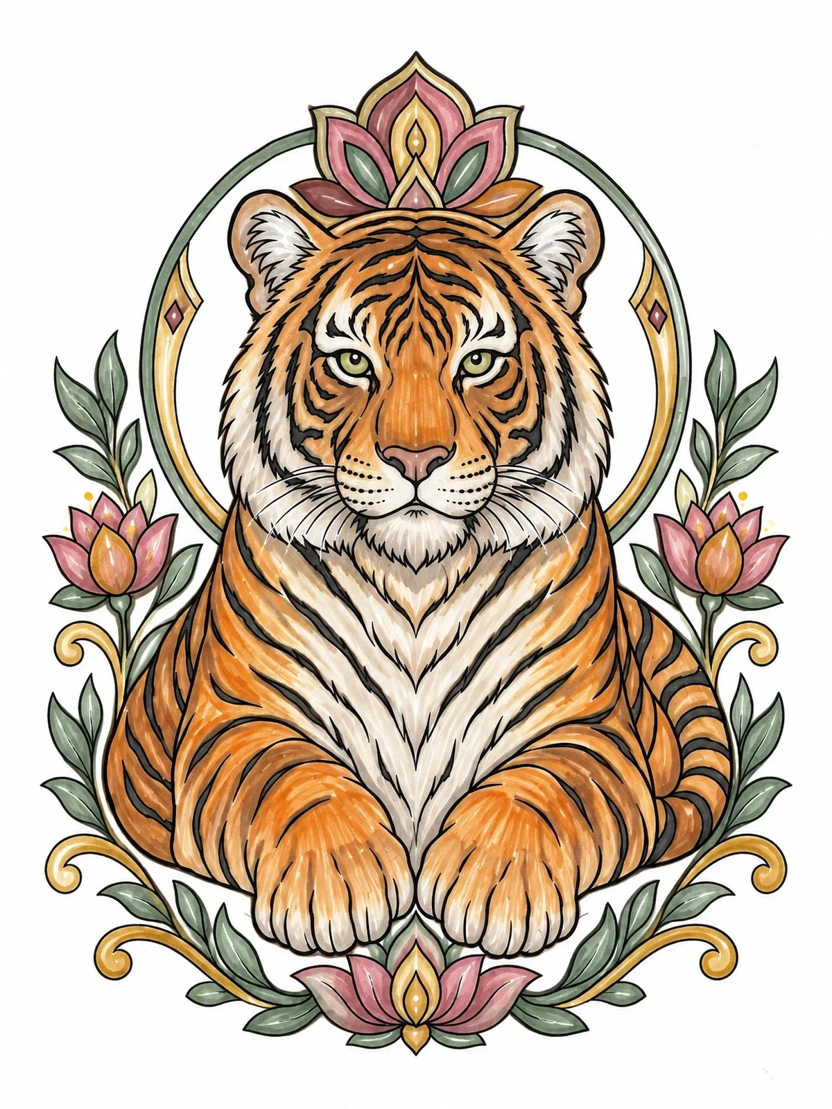 Colored example of the Bengal Tiger With Floral Motifs coloring page