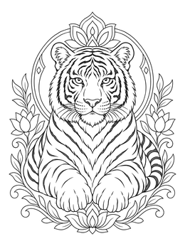 Majestic Bengal tiger seated in floral frame on this india coloring page.
