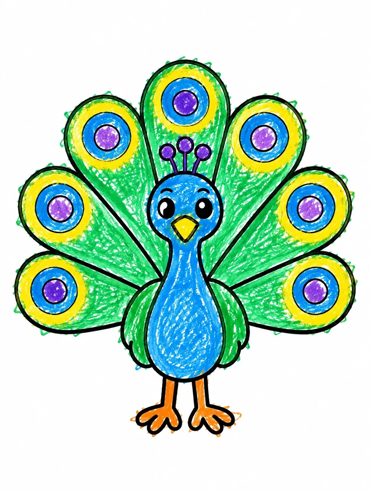 Colored example of the Cute Peacock With Fanned Feathers coloring page