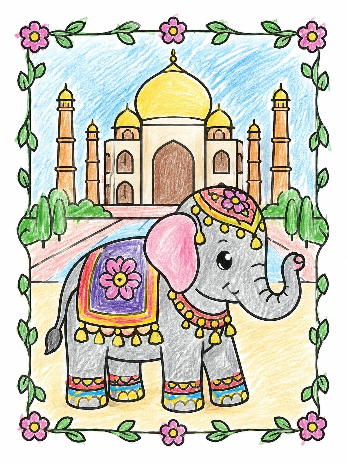 Colored example of the Decorated Elephant At The Taj Mahal coloring page