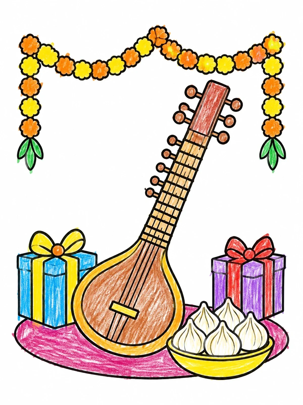 Colored example of the Festive Sitar With Modaks And Gifts coloring page