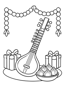 Festive sitar, modak sweets, and gifts in an india coloring page.