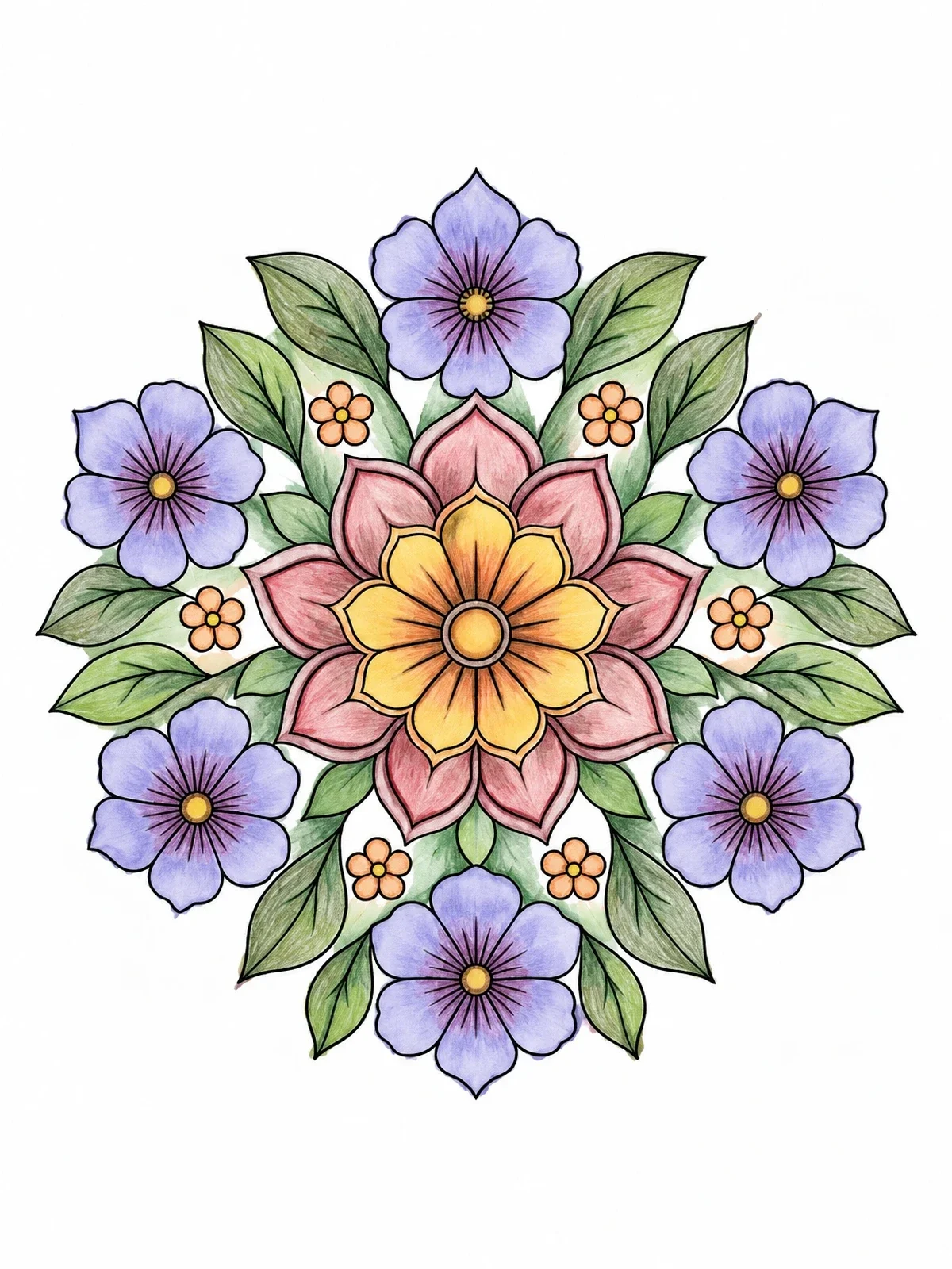 Colored example of the Floral Rangoli Mandala Design coloring page